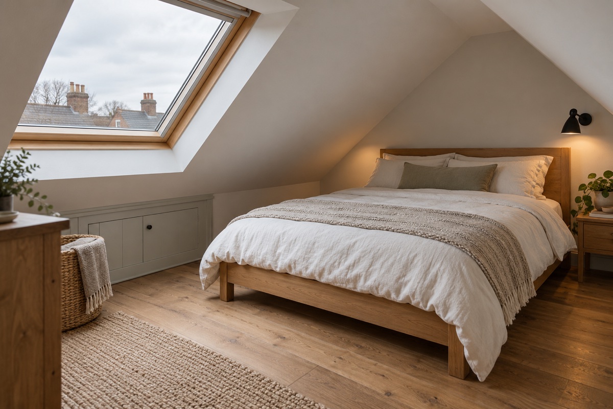Illustrative loft bedroom showing a sloping ceiling and rooflight